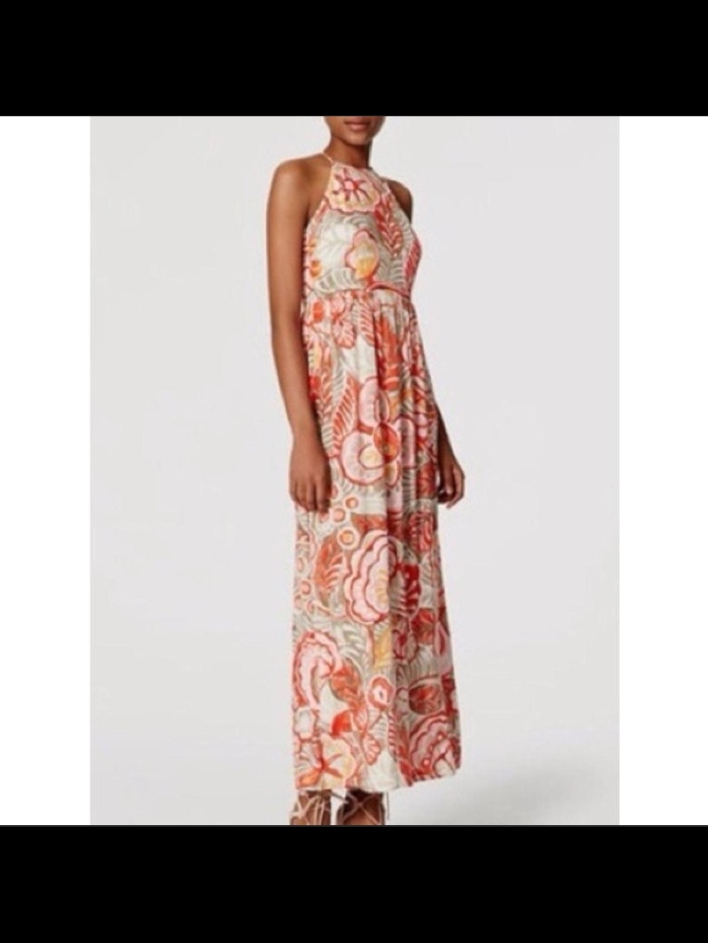 LOFT Coral and Cream Floral Halter Maxi Dress